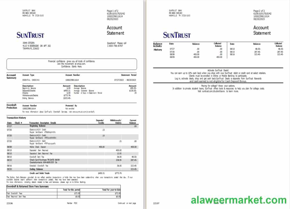 USA Suntrust bank account statement Word and PDF template, 2 pages scr